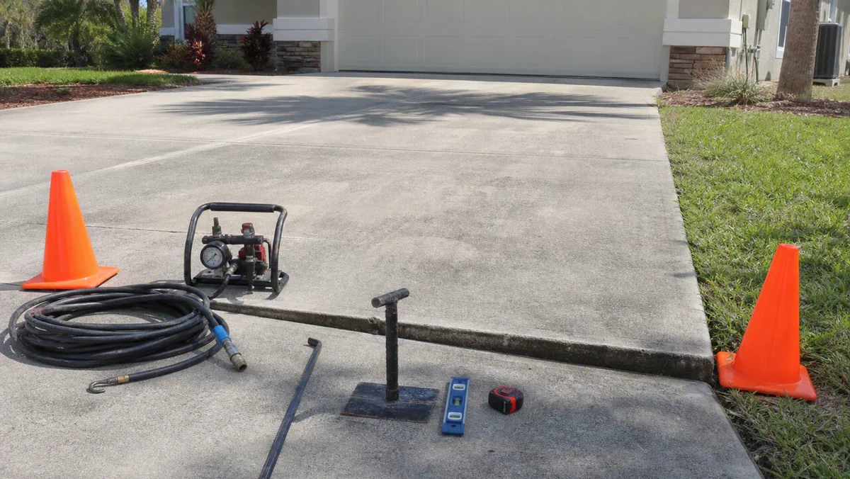 Unbranded concrete lifting setup context near a Daytona driveway slab