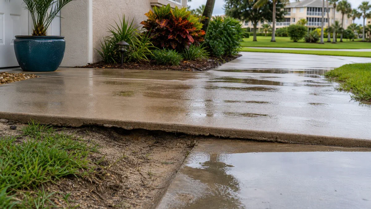 Rainwater ponding near a low concrete slab edge in Daytona Beach