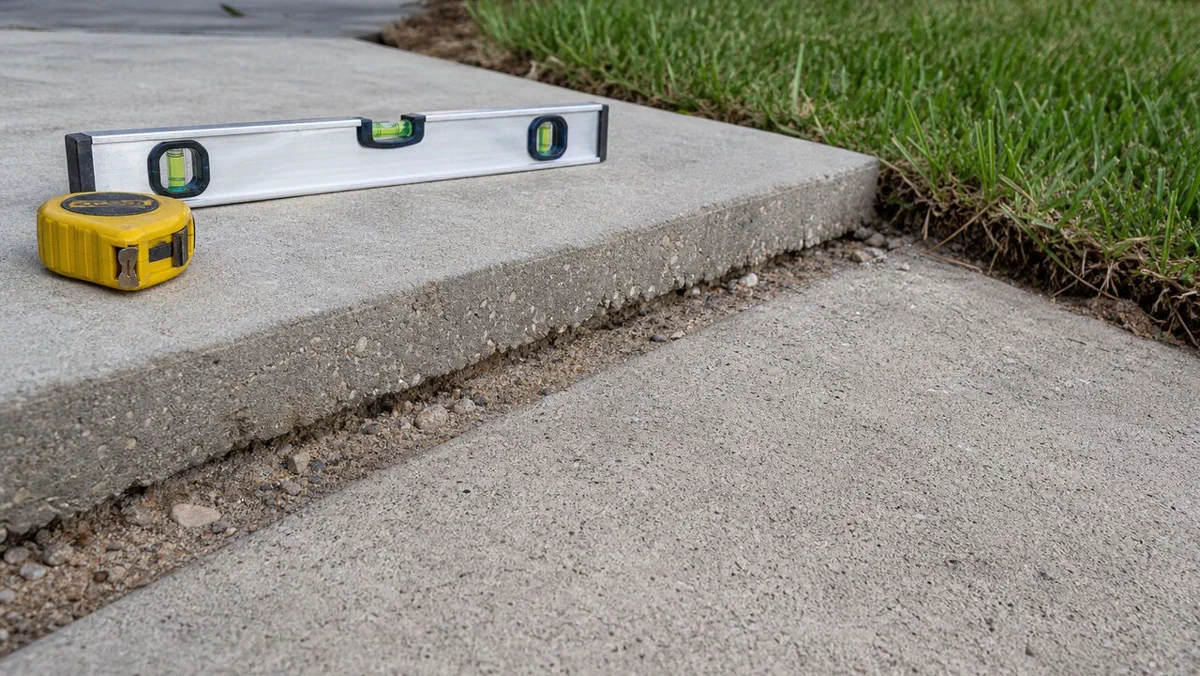 Raised walkway edge measured for concrete lifting in Daytona Beach